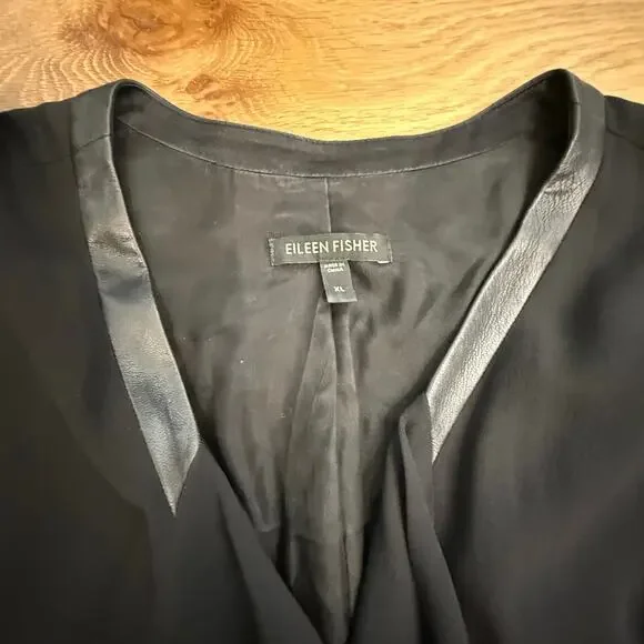 Eileen Fisher 100% Silk Crepe Leather Trim Jacket Black Button Sleeve Women’s XL - Picture 10 of 14